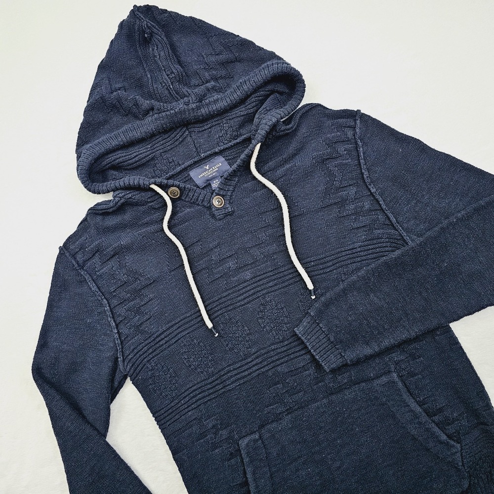 American Eagle Mens Small‎ Aztec Tribal Hooded Blue Sweater Waffle Knit Henley